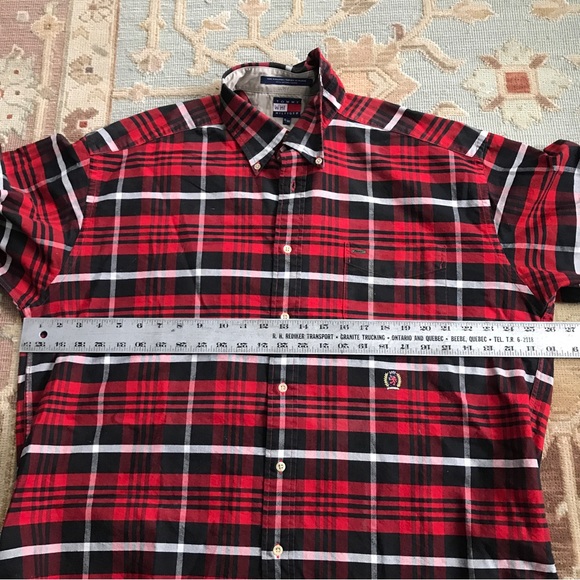 VTG Tommy Hilfiger XL Red Tartan Plaid Long Sleeve Button Up Shirt Crest Logo - Picture 13 of 16